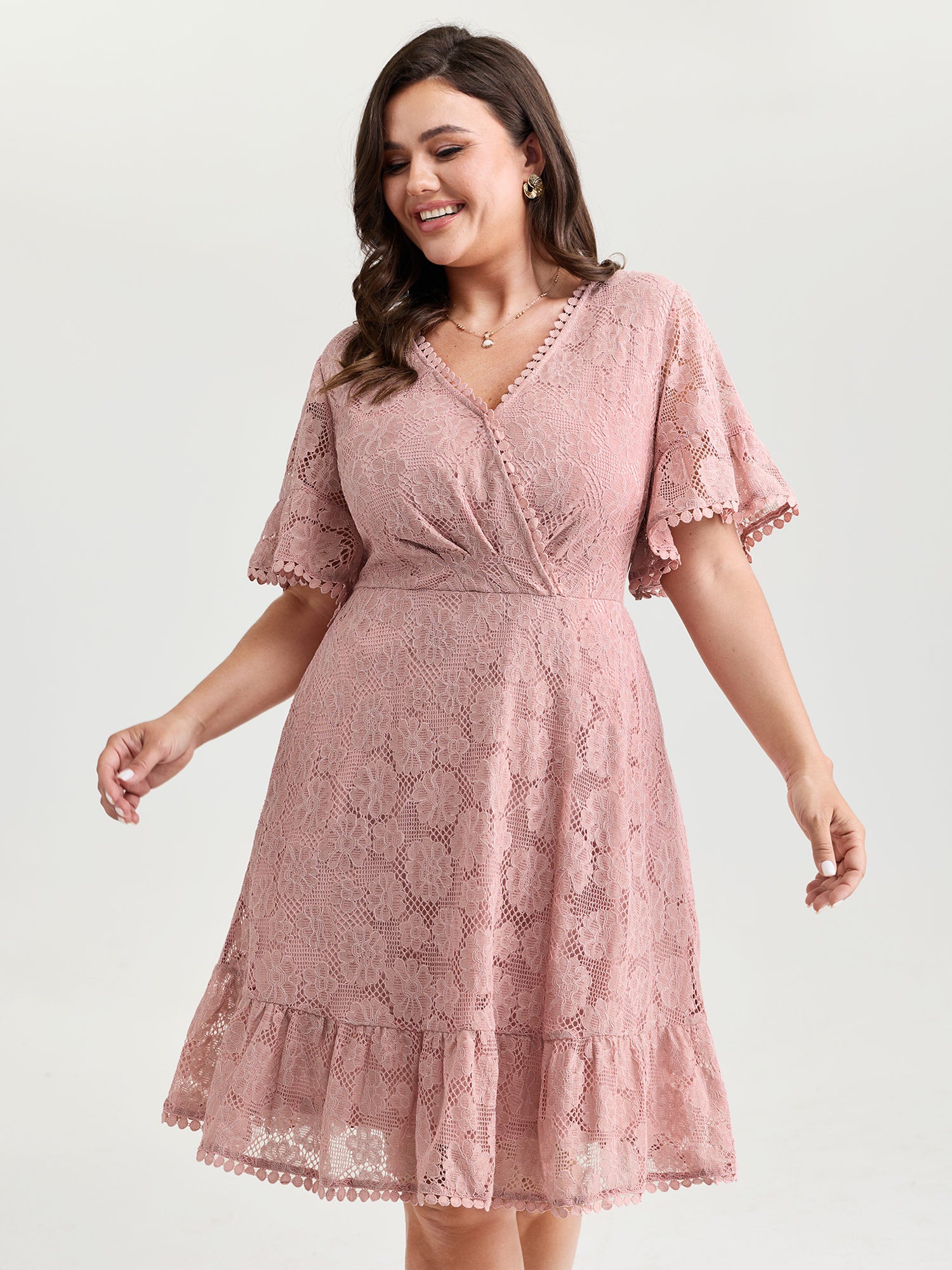 Lace Surplice Neckline Ruffled Hem Mini Dress