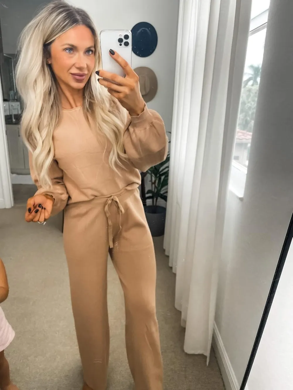 Womens Fall Winter Casual Solid Knitted 2 Piece Sets Long Sleeve Hoodie