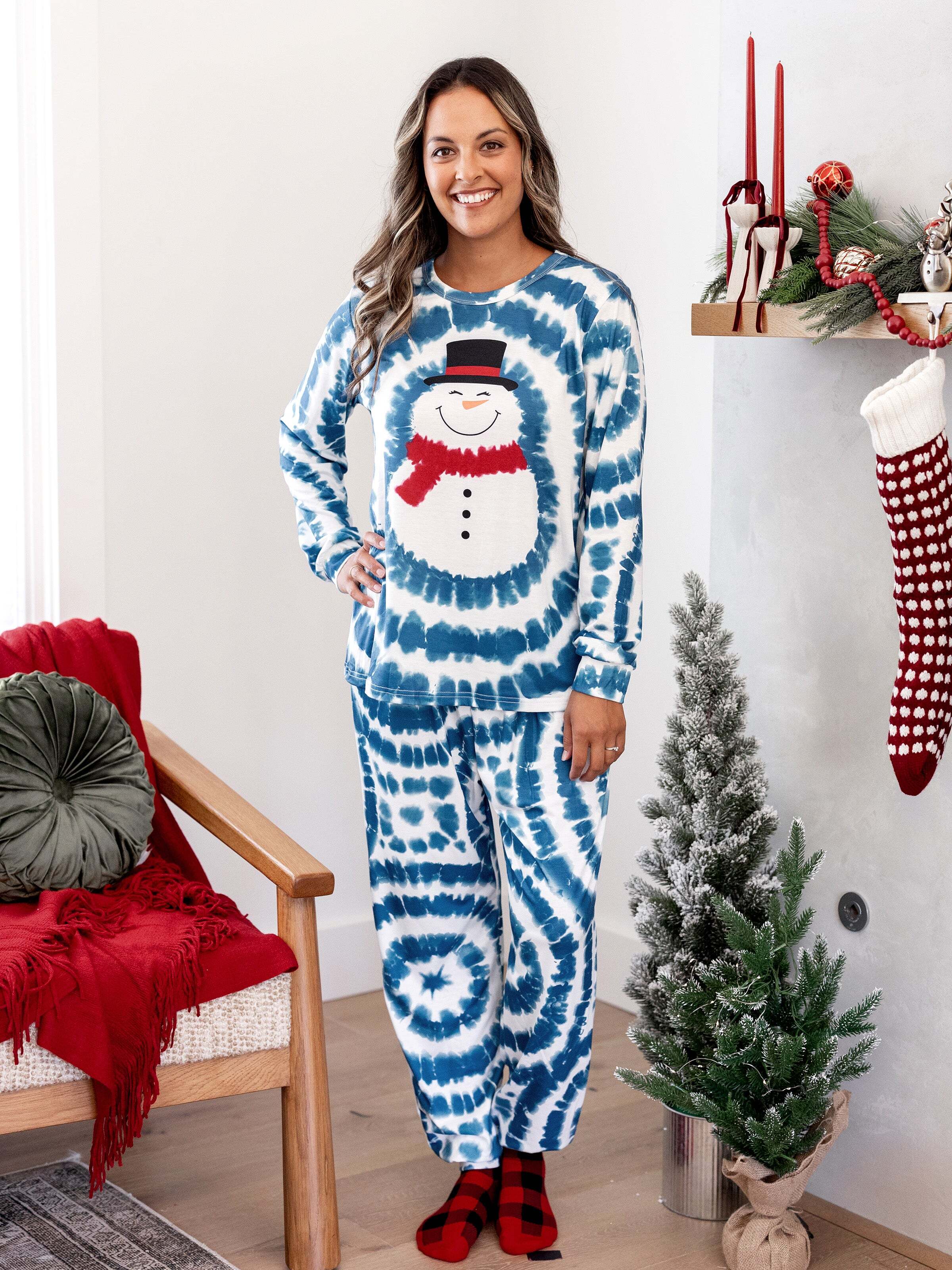 Christmas Matching Family Pajamas Set Tie-dye Snowman Print Blue PJS with Christmas Socks Deep Blue