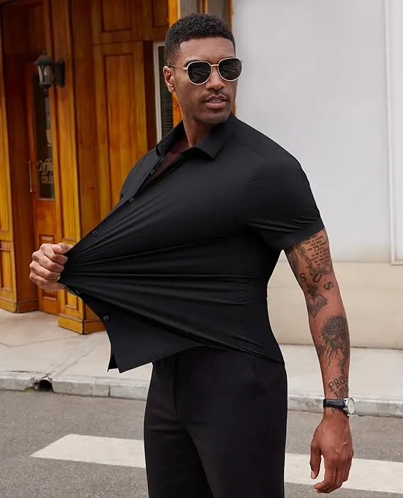 Men's Stretch Dress Shirts Short Sleeve Slim Fit Business Casual Button Down Shirts Muscle Fit Men's Dress Shirts Shortsleeve Menswear gifts for dad