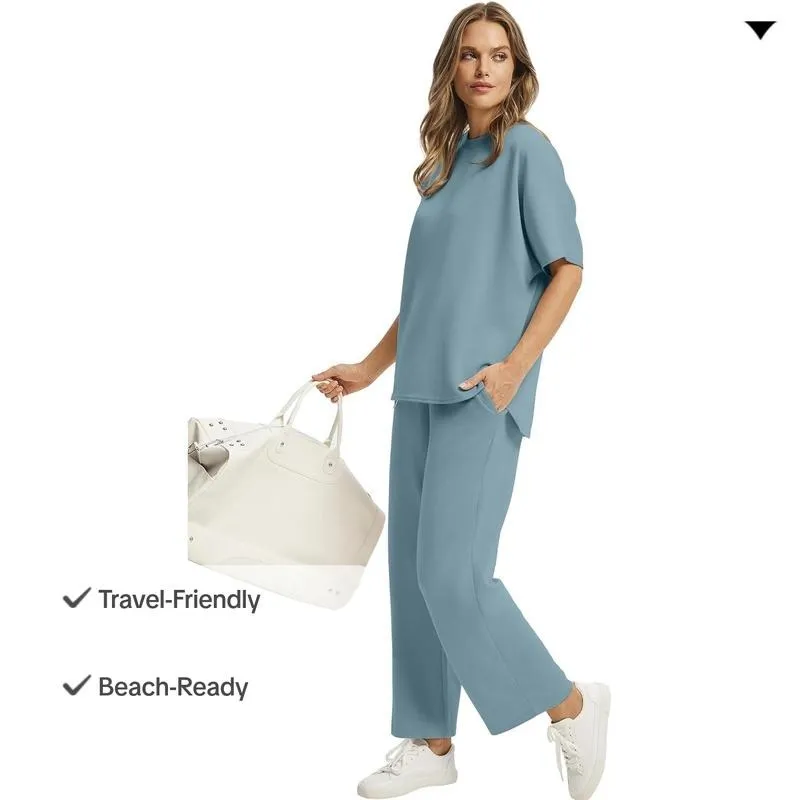 Two Piece Sets for Women Summer Outfits Oversized Wide Leg Crop Pants Lounge Sets