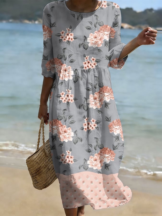 Women's Casual Solid Color Round Neck Mid-Sleeve Floral Print Cotton Linen Dress- Fast Shipping