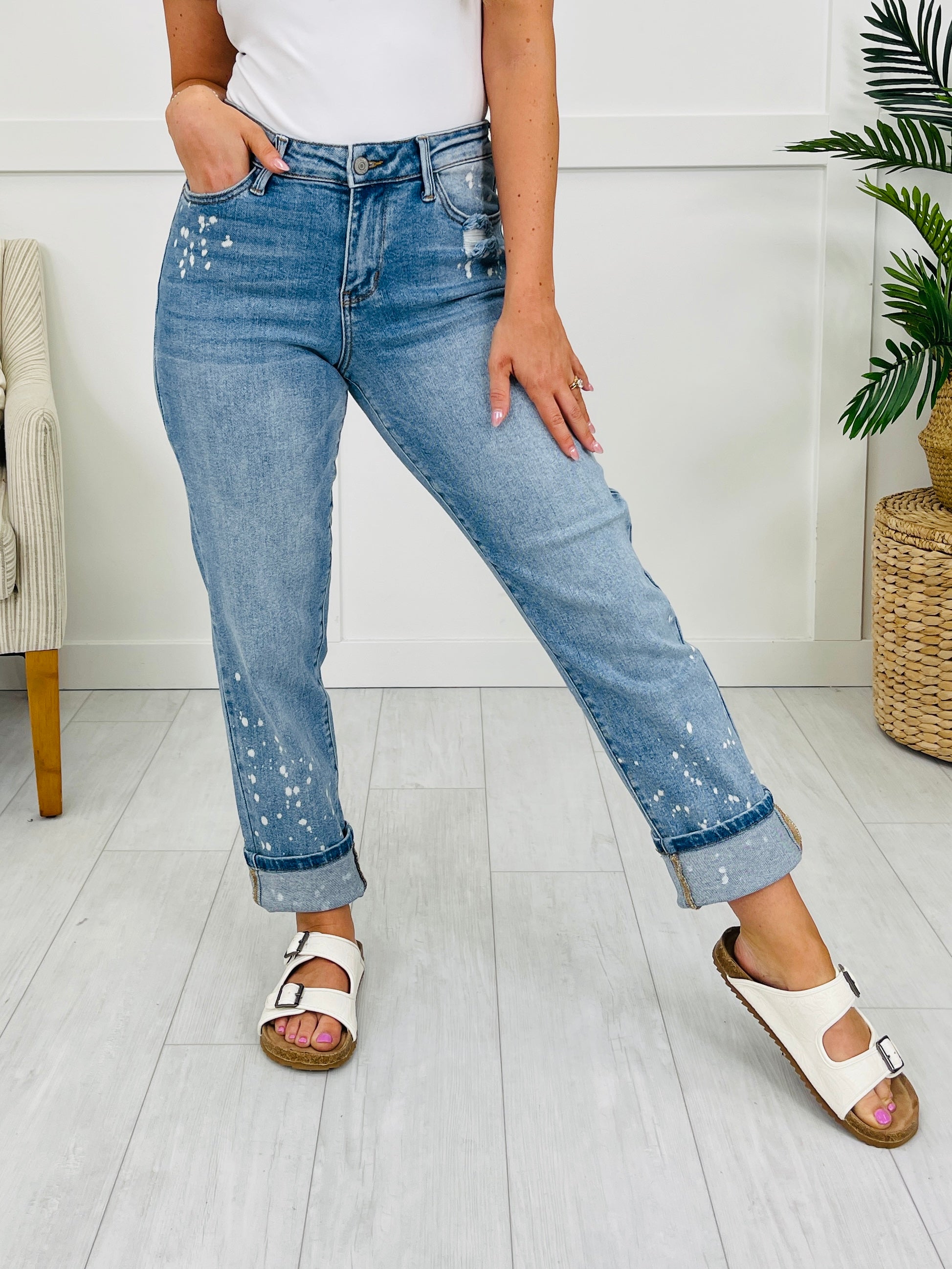 Judy Blue Confident & Carefree Bleach Splatter Boyfriend Jeans