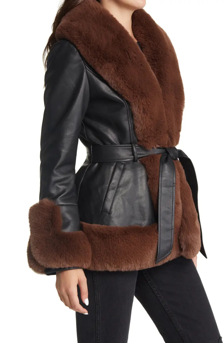 Clearance Sale*KENZY FUR TRIM PEPLUM MOTO IN BLACK BROWN