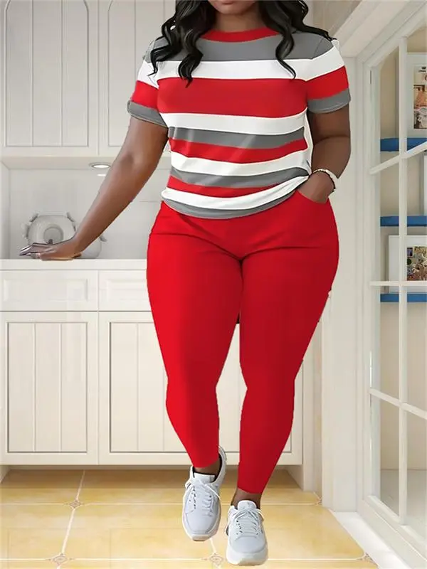 Women's Plus Size Striped Print Short Sleeve Top & Pants Two-piece Set