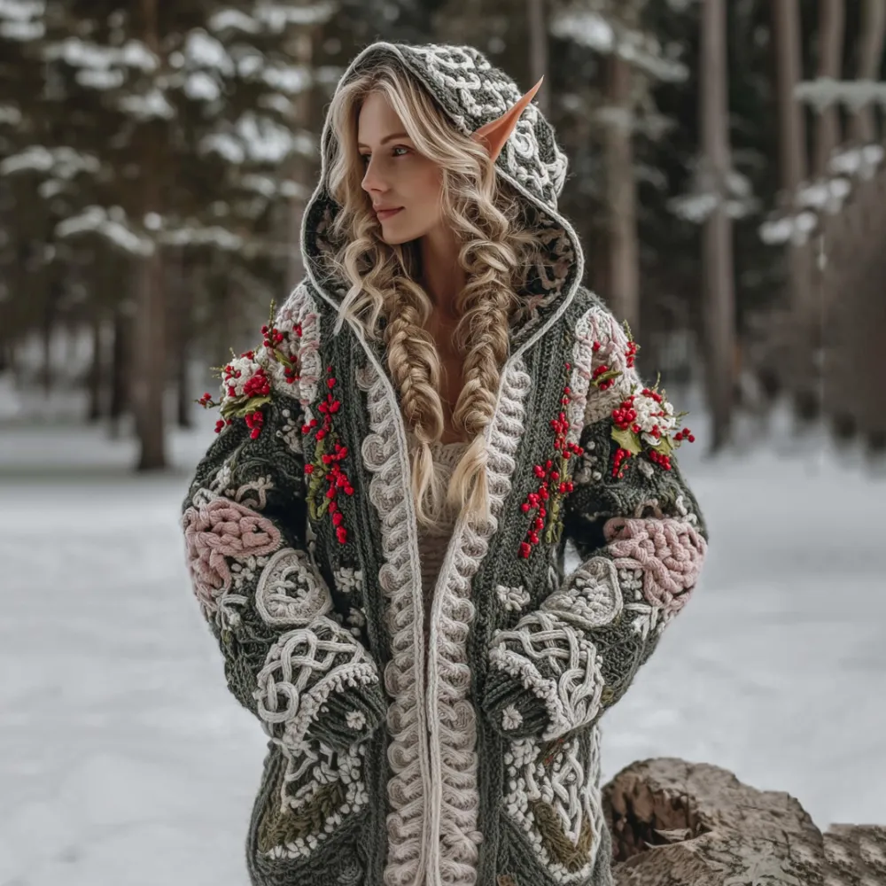 Women's Celtic Knot Christmas Flower Jacquard Chunky Hooded Sweater Cardigan