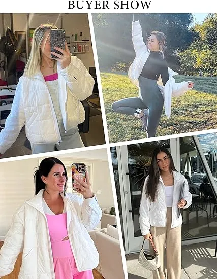 Womens Quilted Puffer Jackets Lightweight Zipper Short Padded Coat With Pockets