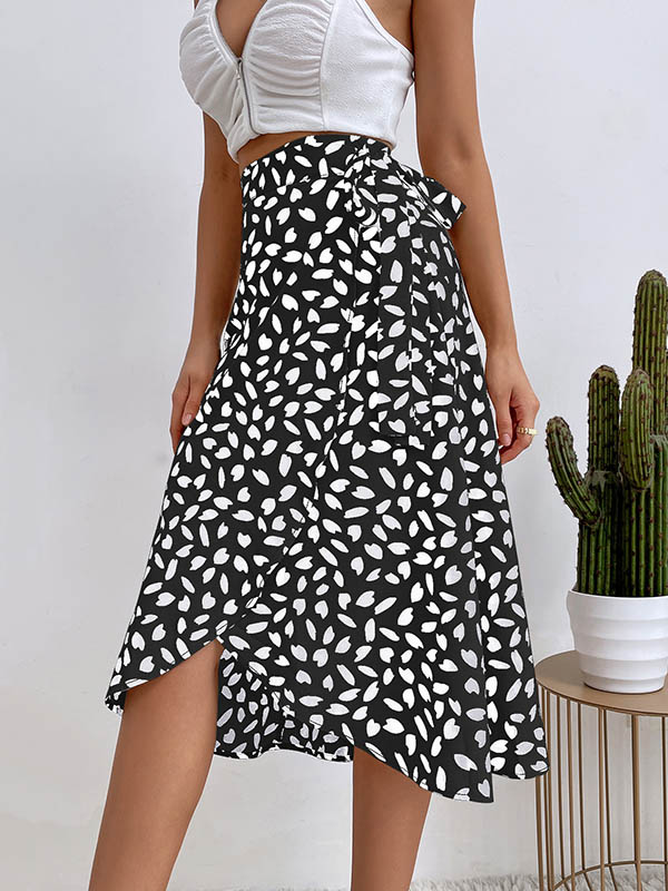 Printed Split-Front Tied Waist A-Line High-Low Skirts Bottoms