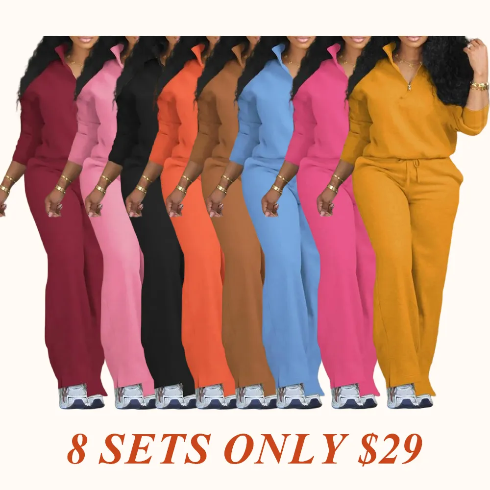Women's Solid Half Placket Split Hem Pants Set