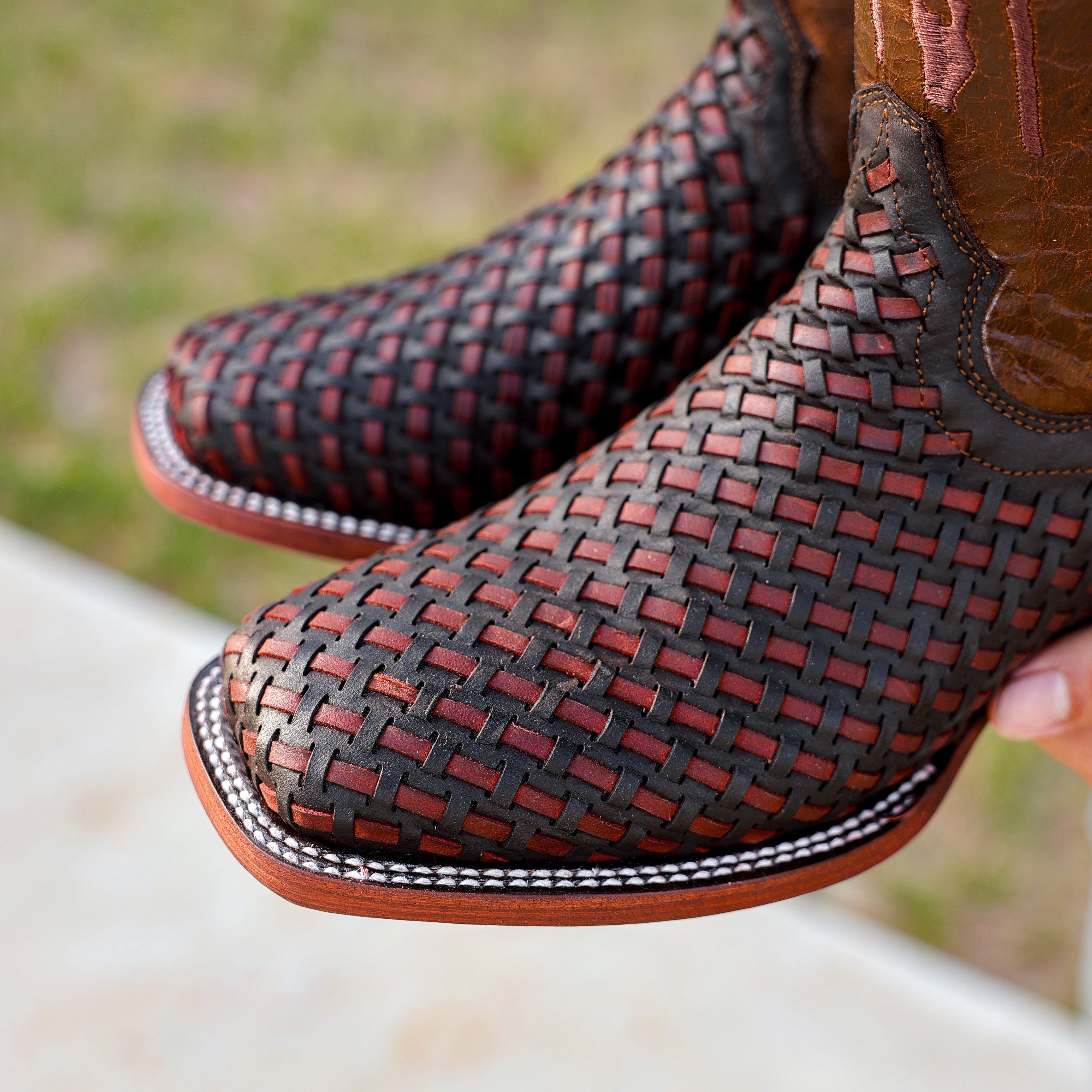 Brown Basketweave Leather Boots - Square Toe