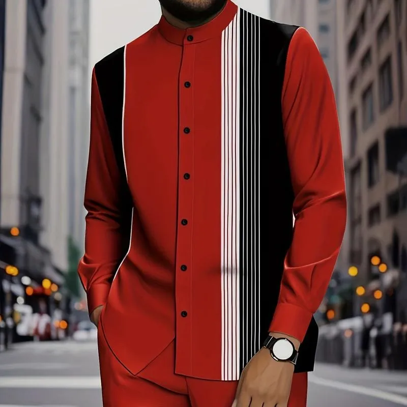 2 piece men's black and white vertical stripe graphic printed button up collar top and drawstring waist casual pants