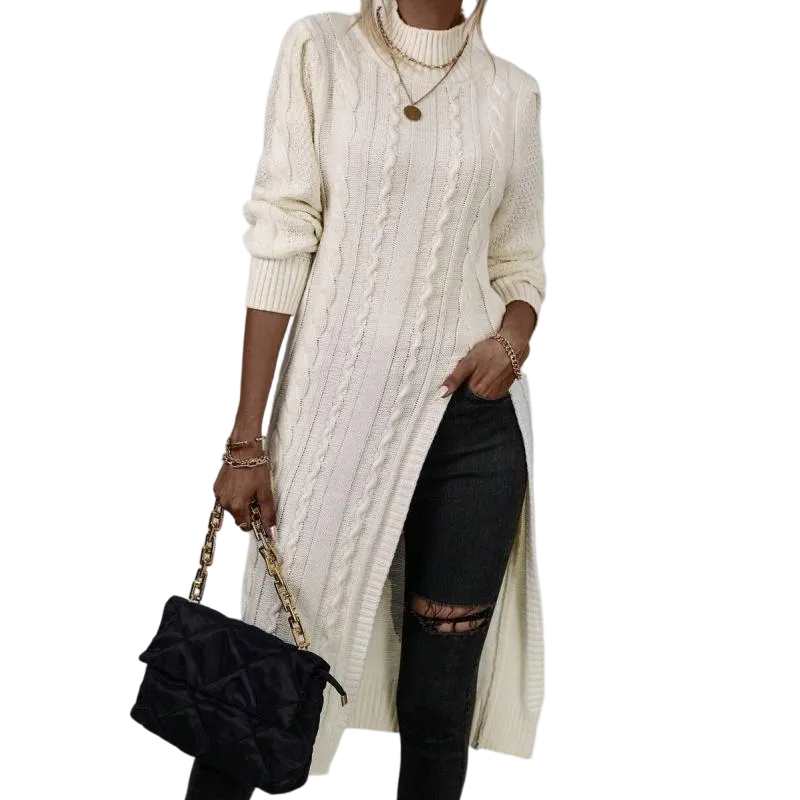 Sweater Mock Neck Split Hem Cable Knit Longline for Fall