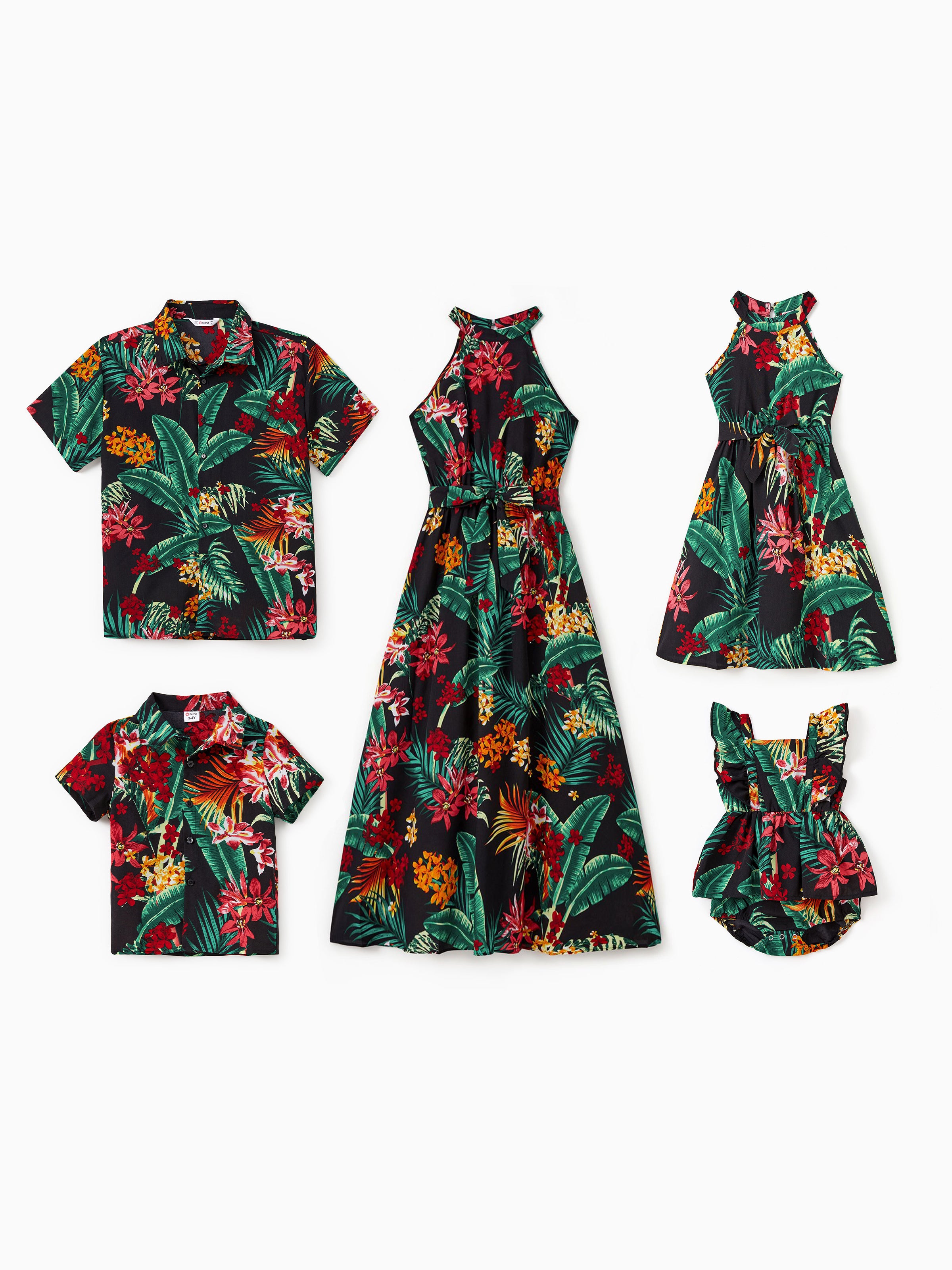 Family Matching Allover Plant Floral Print Halterneck Dresses and Short-sleeve Shirts Sets Black