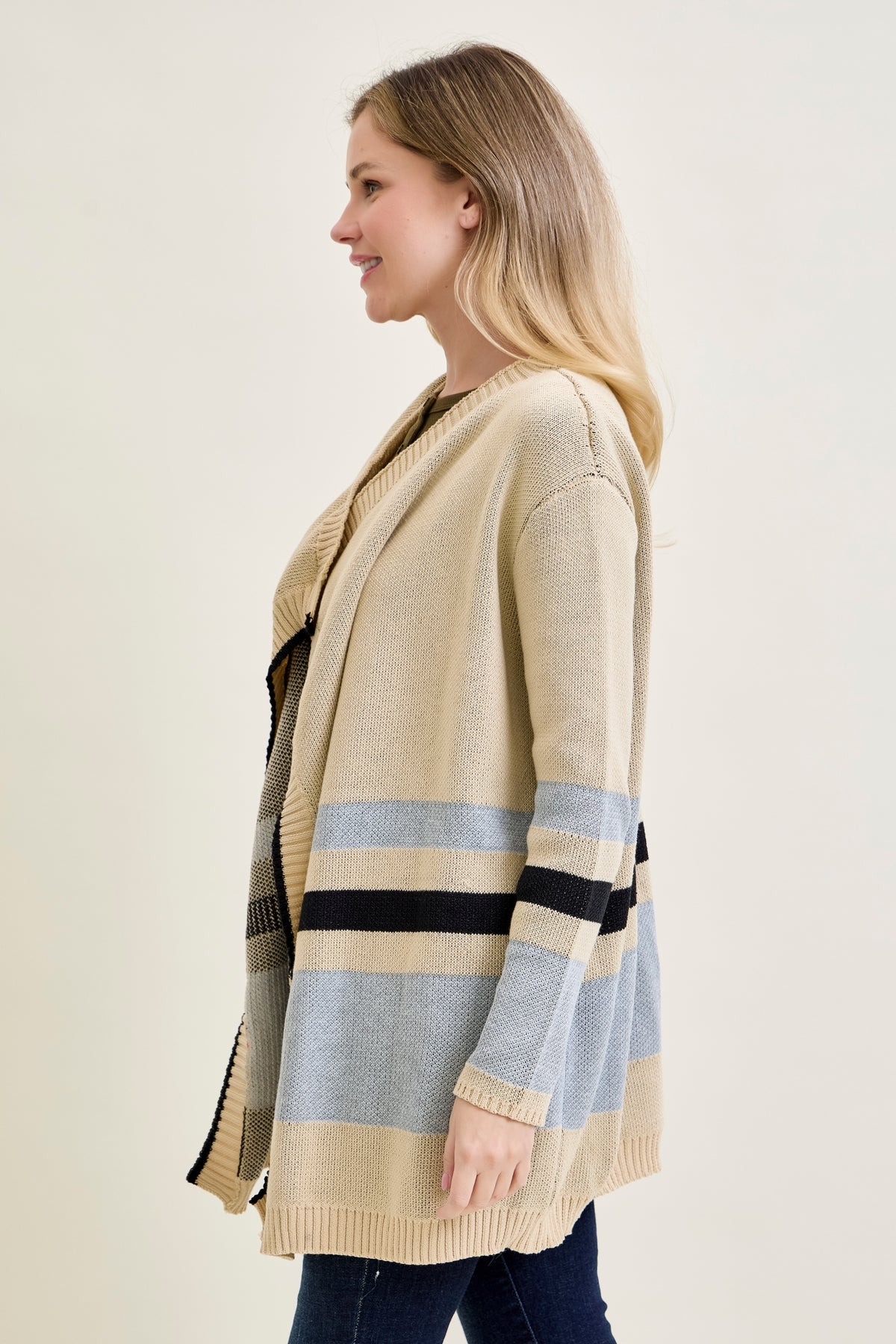 Drape Stripe Cardigan Beige Sweater