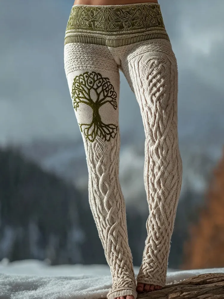 Vintage Tree Of Life Pattern Celtic Knit Cozy Leggings