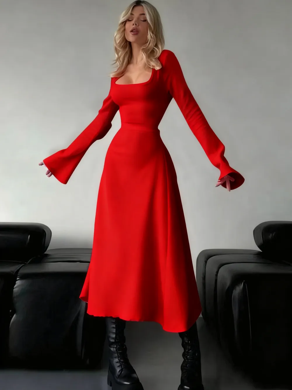 Women's Plain Lace Up Tie Back Flounce Sleeve Dress