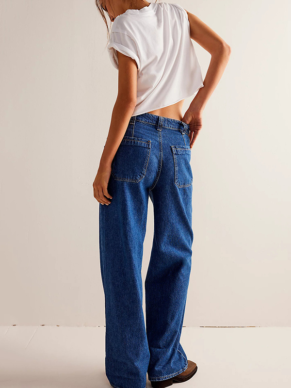Casual Non-Stretch Washed Straight Wide-Leg Jeans Pants