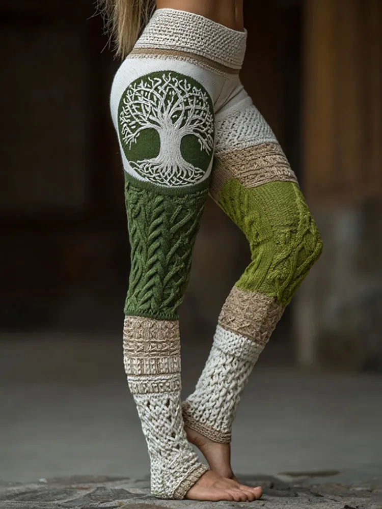 Vintage Viking Tree Of Life Celtic Knit Jacquard Cozy Leggings