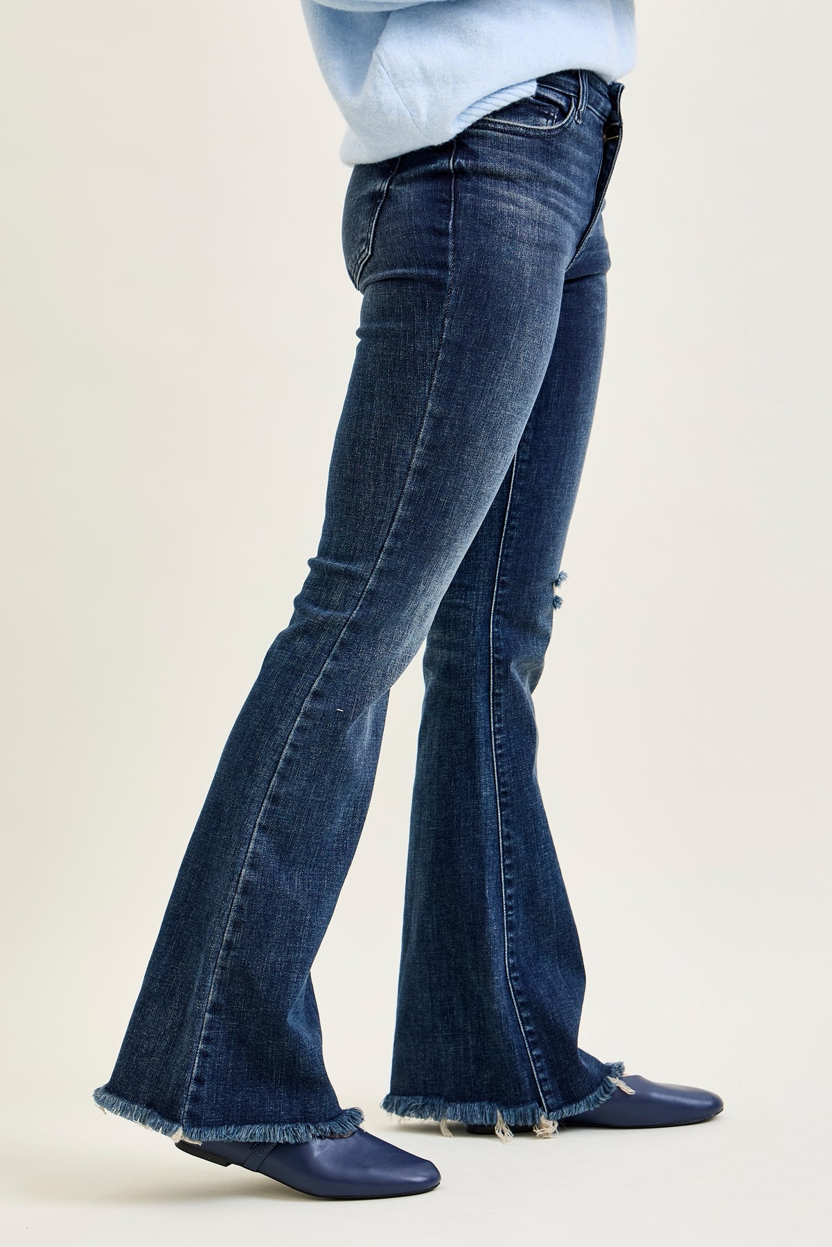 Amanda Mid Rise Flare Jeans with Distressed Knee & Frayed Hem
