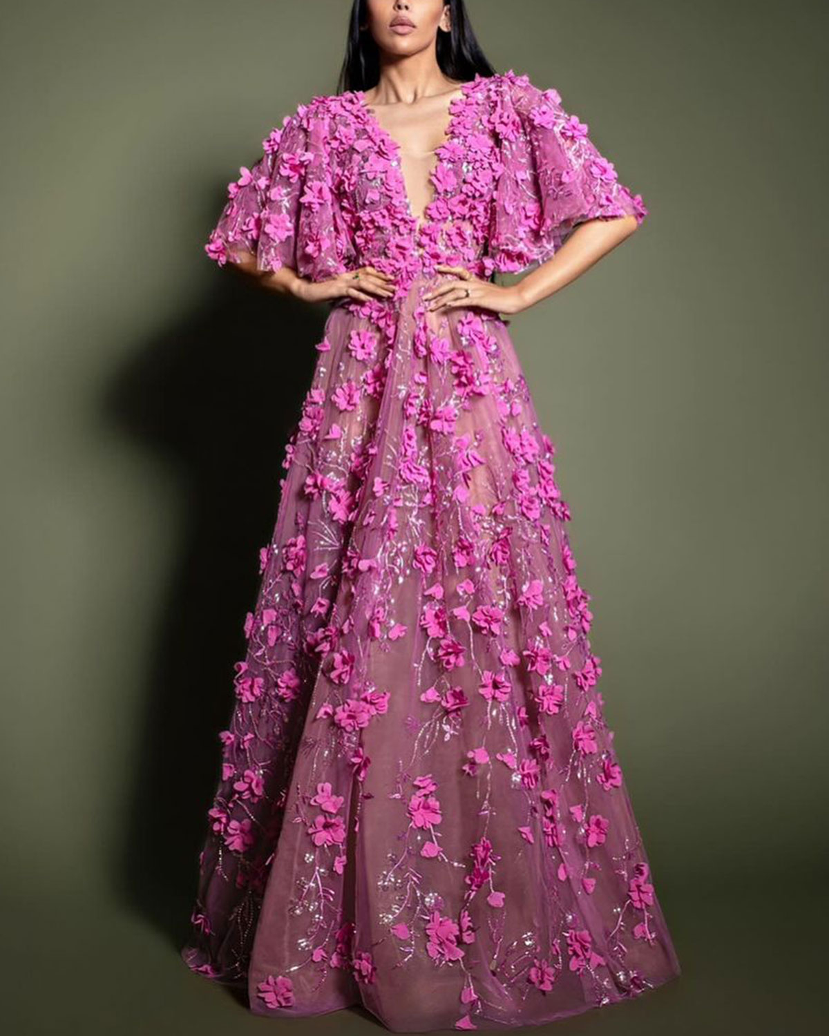 Pink V-Neck Embroidered Flower Dress