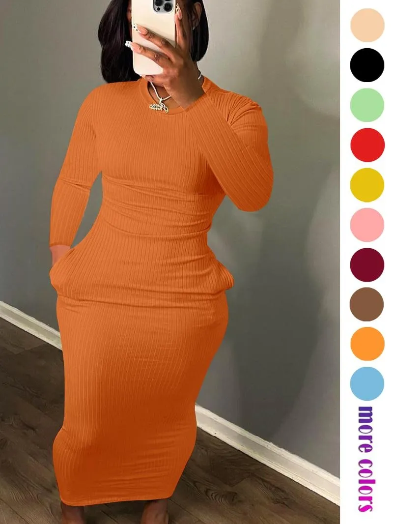 Women's Long Sleeve Pocket Dress, Breathable Elastic Multi-Color Party Casual Travel Pure Color Maxi Dress