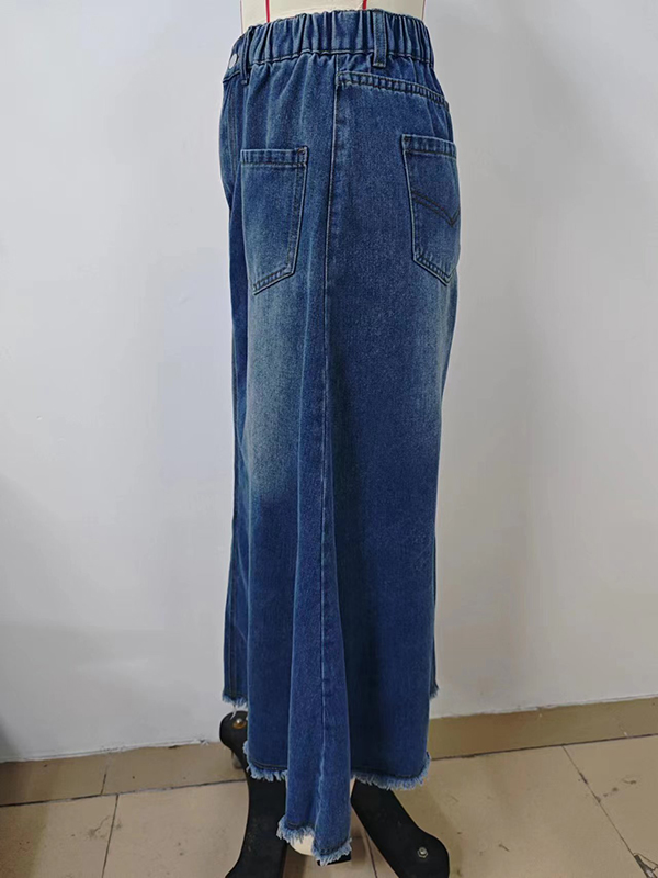 Buttoned Elasticity Fringed Pockets Split-Joint A-Line Loose Skirts Bottoms