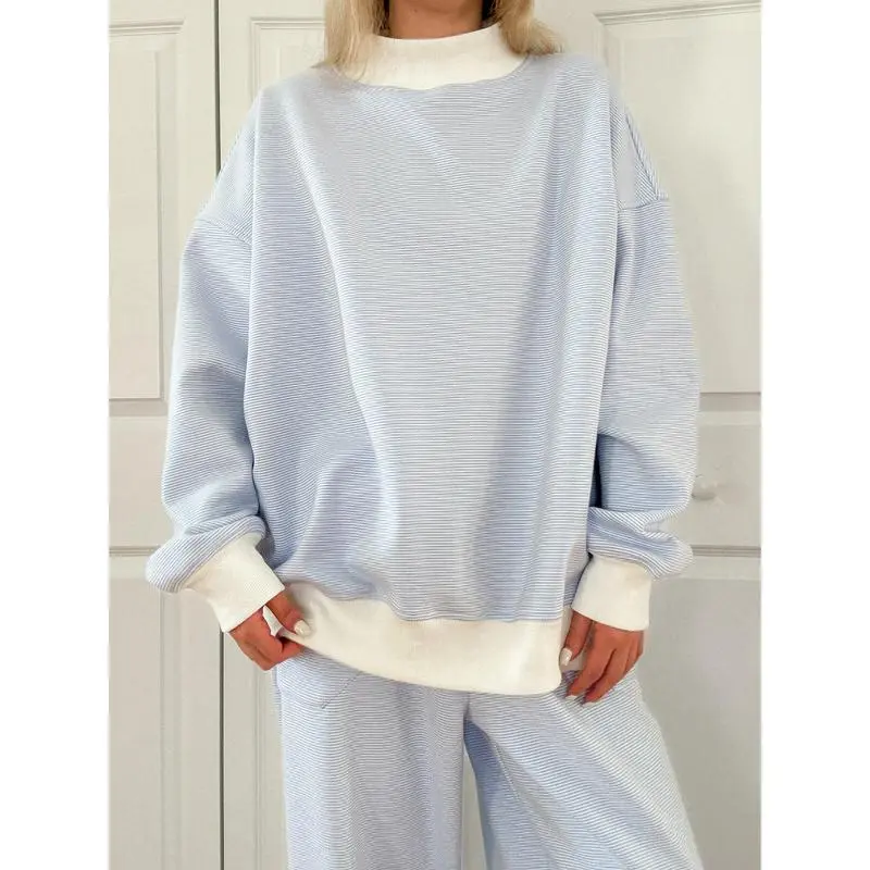 Blue and White Mini Striped Mockneck Sweatshirt