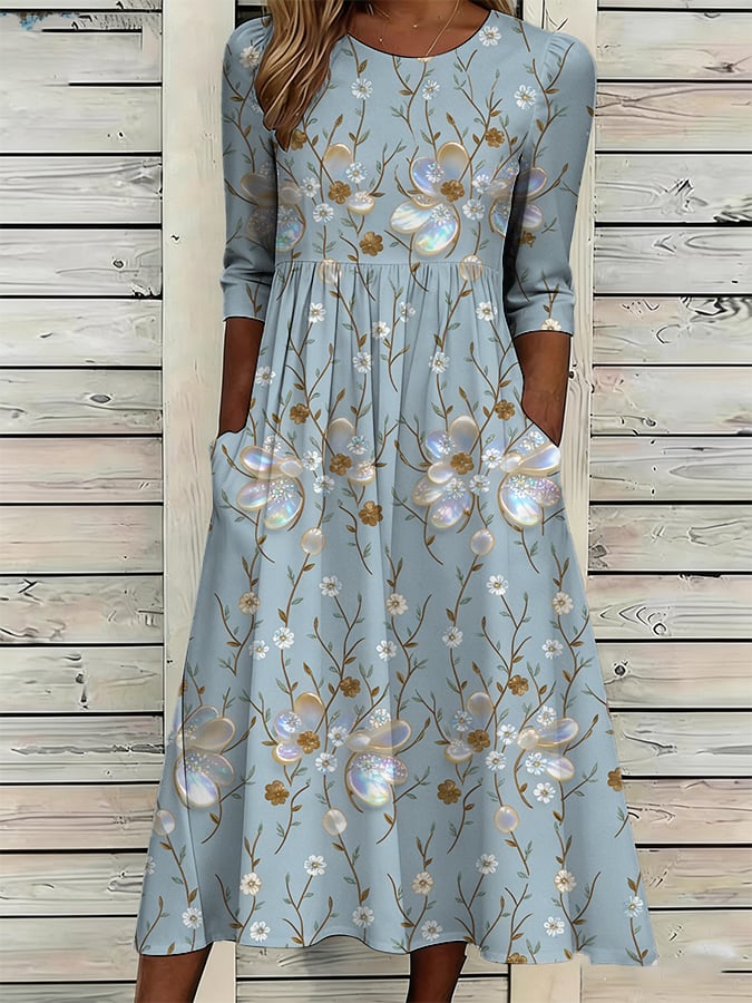 Women's Casual Solid Color Round Neck Mid-Sleeve Floral Print Cotton Linen Dress- Fast Shipping