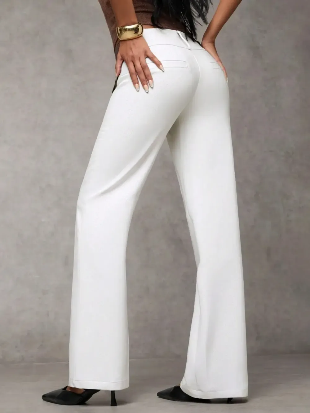 Women's Plain Pocket Elegant Casual Flare Pants, Business Casual Women's Clothing, All-Season Ladies' Apparel