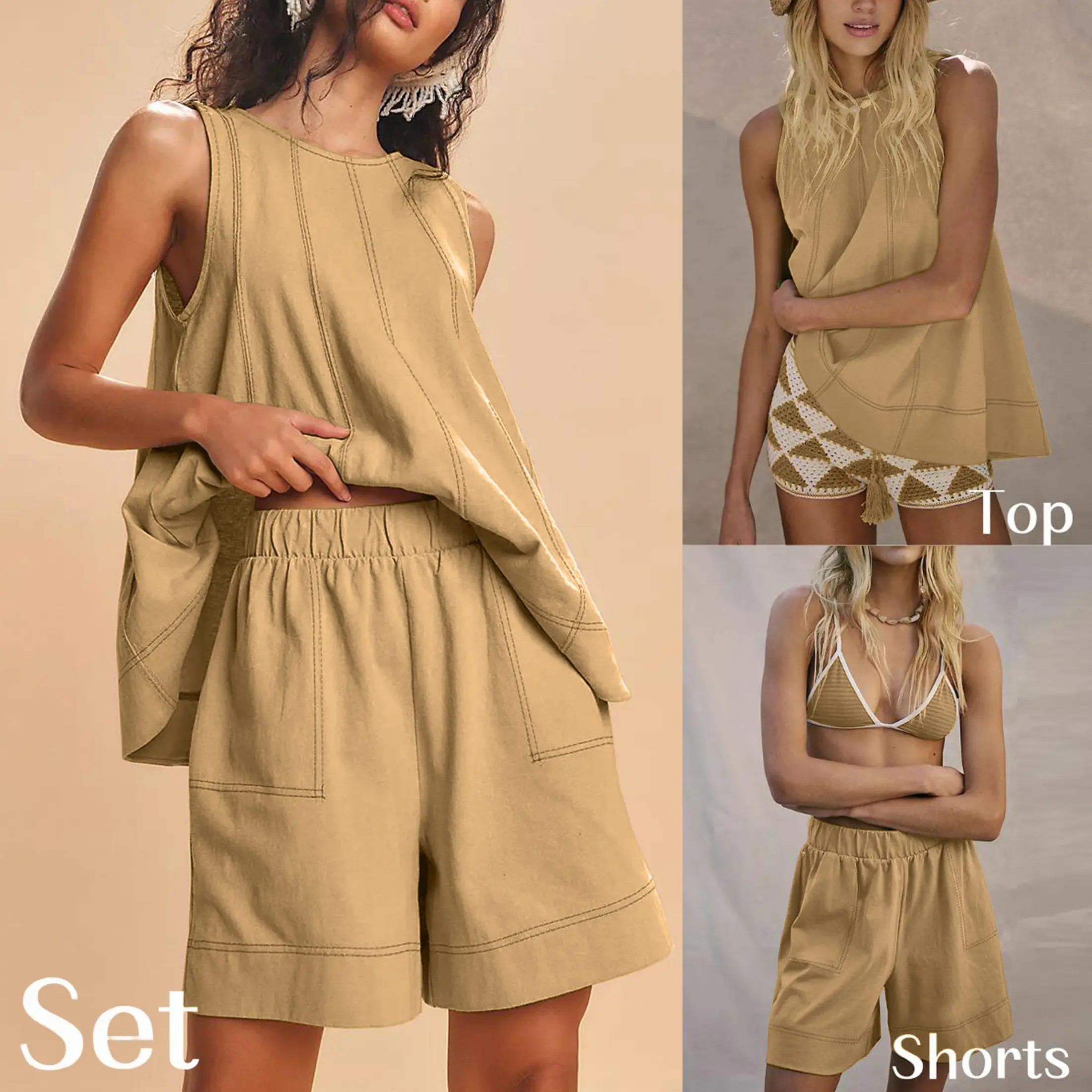 Women's 100% Cotton 2-Piece Set – A-Line Tank Top & High Waist Shorts with Pockets