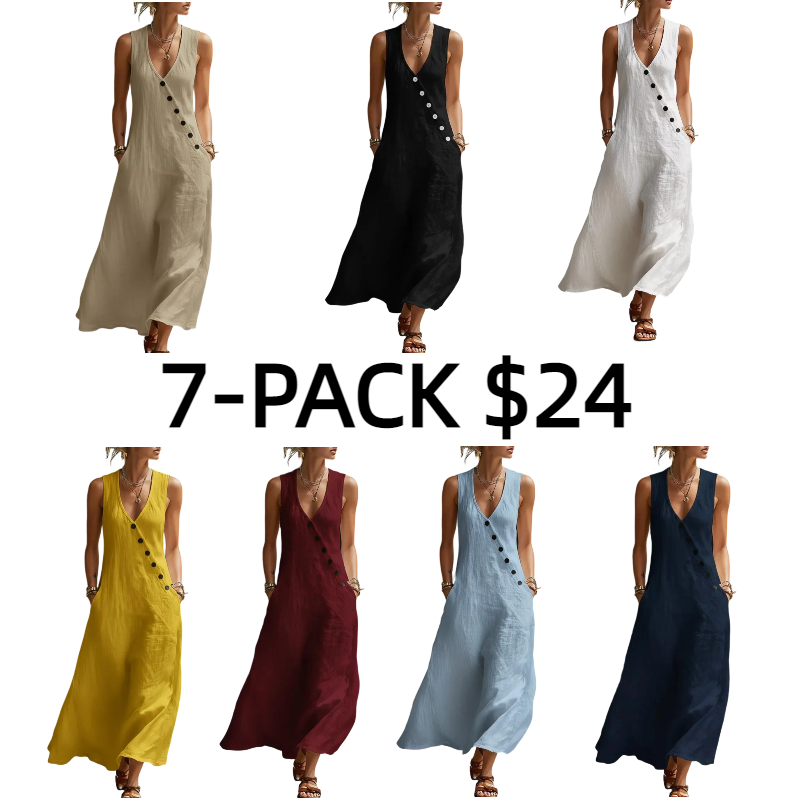 Perfect for Beach, Vacation & Brunch! Sleeveless V-Neck Button Detail Casual Dress with Pockets