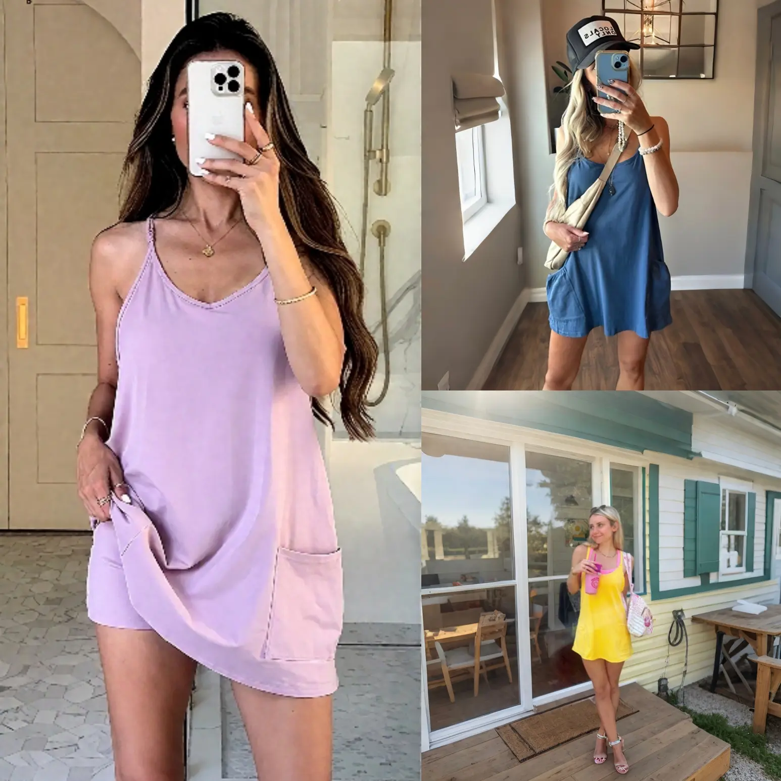 Women's Summer Sleeveless Mini Dress V Neck Spaghetti Straps Athletic Built-in Shorts Sundress