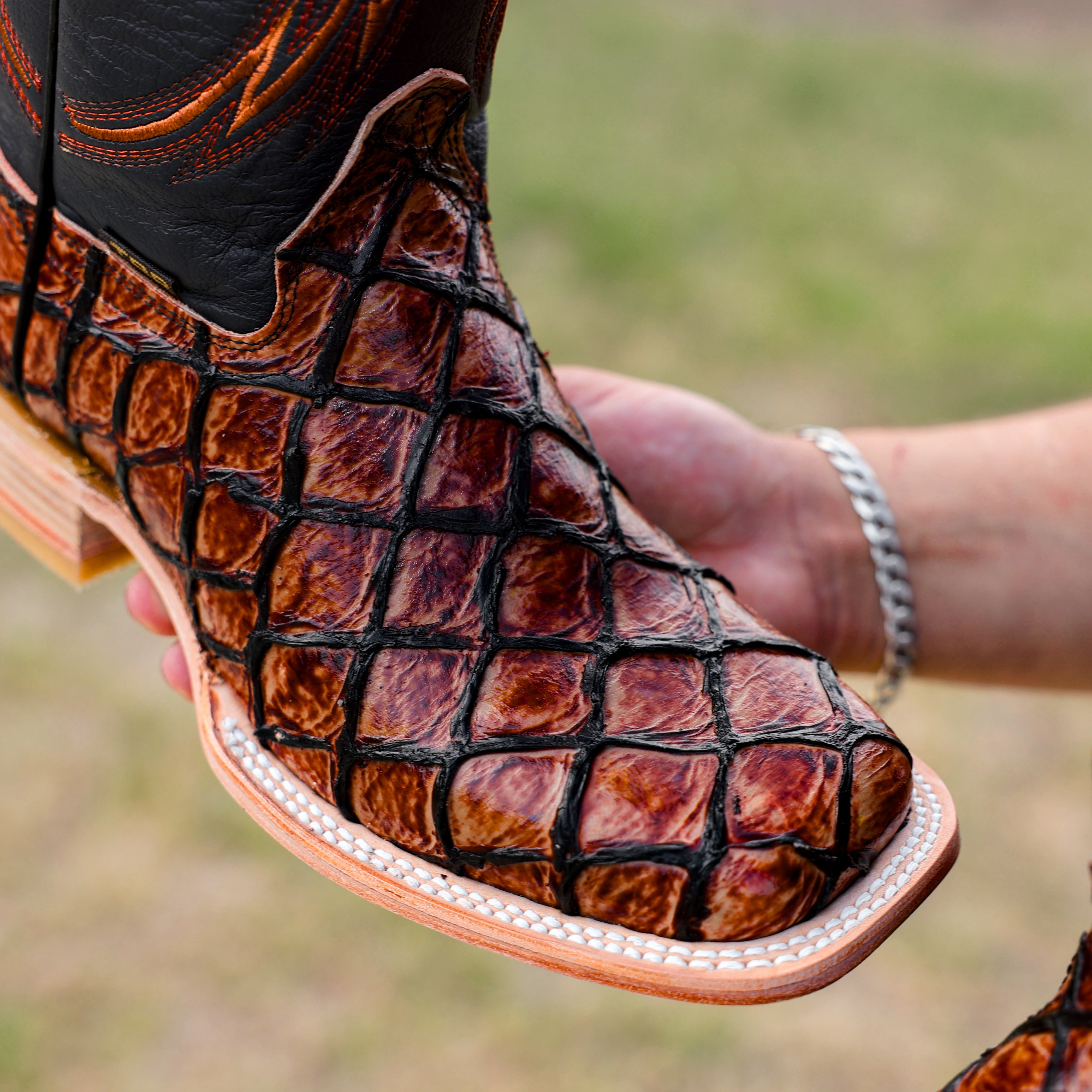 Cognac Pirarucu Leather Boots - Square Toe