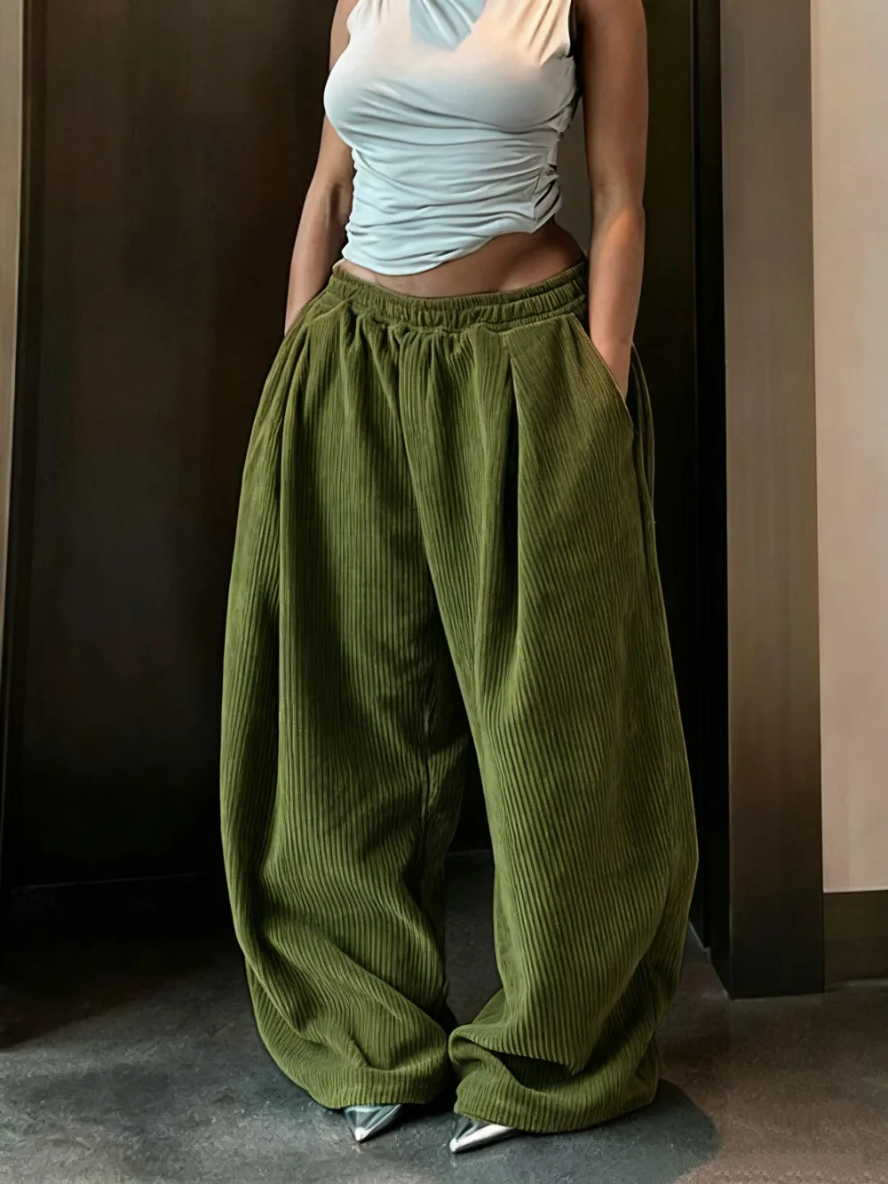 Women's Solid Drawstring High Waist Wide Leg Pants