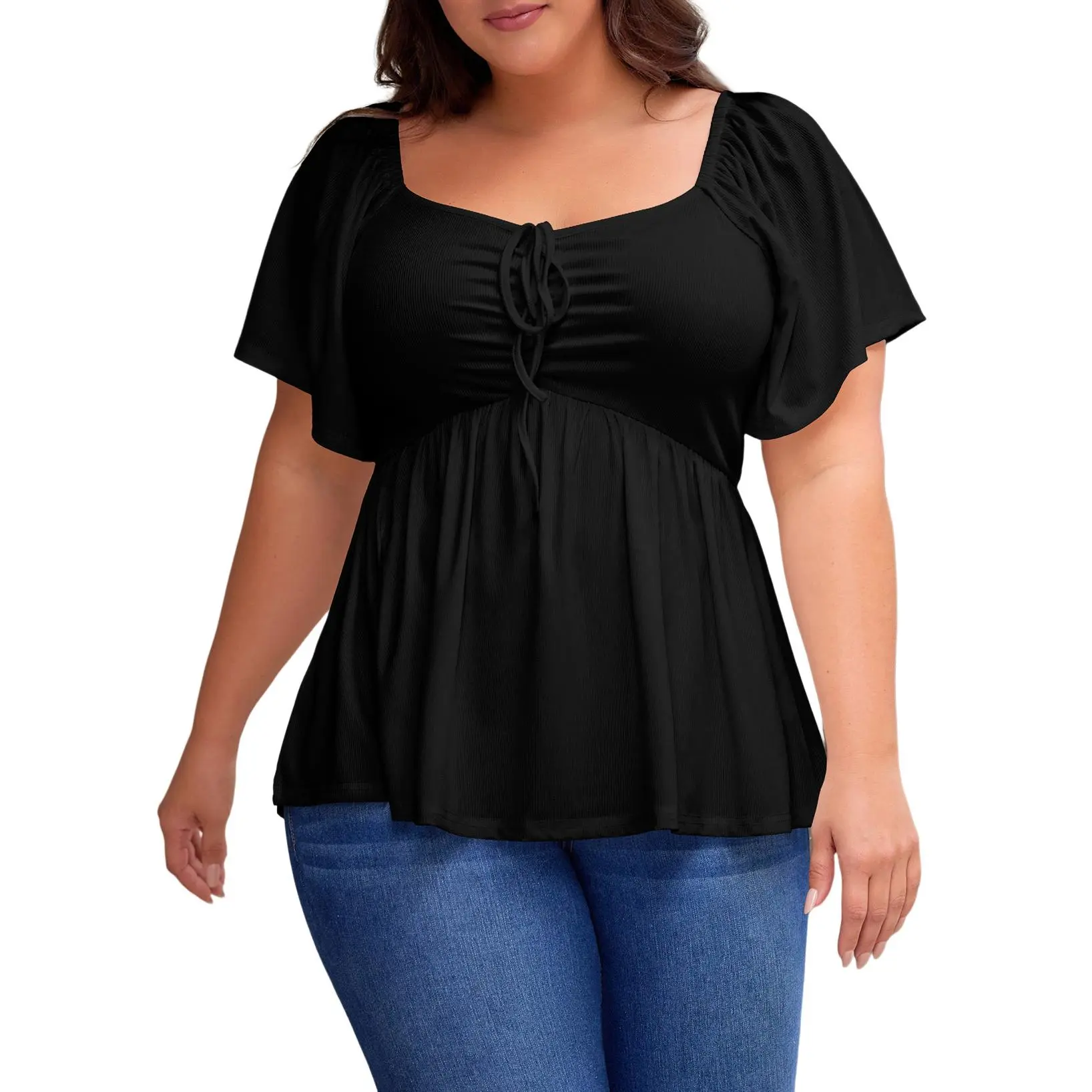 ⏰8 PACKS Women's Plus Size Sweetheart Neck Short Sleeve Shirred Peplum Blouse Tops Shirts(1X-5X)