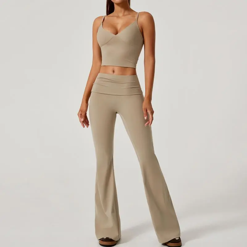 Women's 2-Piece Deep V Crop Cami & Flared Pants Set