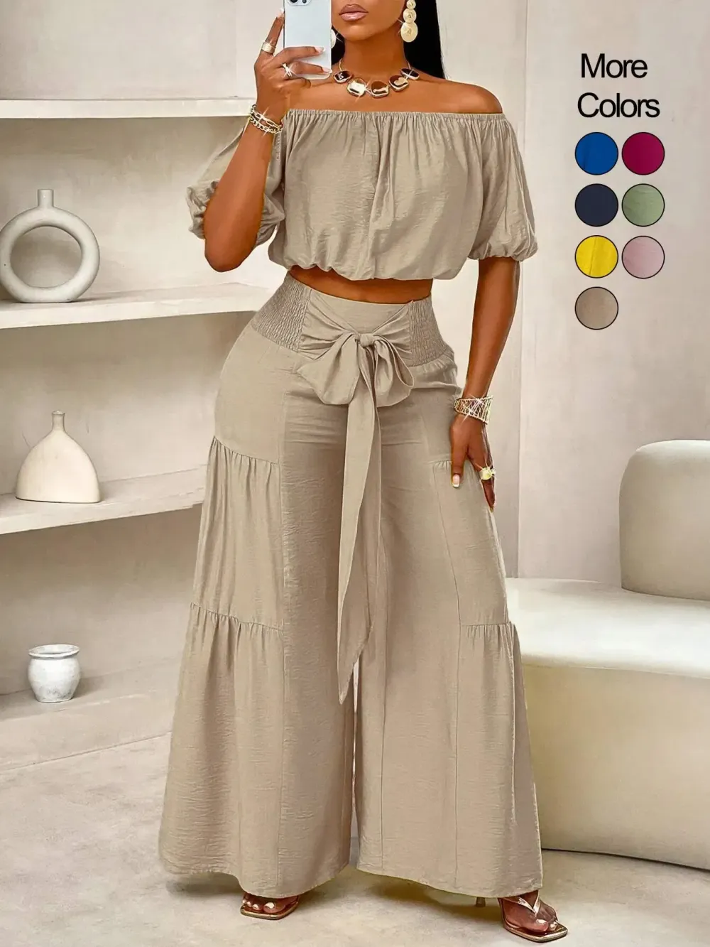 Women's Solid Color Top & Wide Leg Pants Set, Casual Off Shoulder Top & Palazzo Pants for Summer
