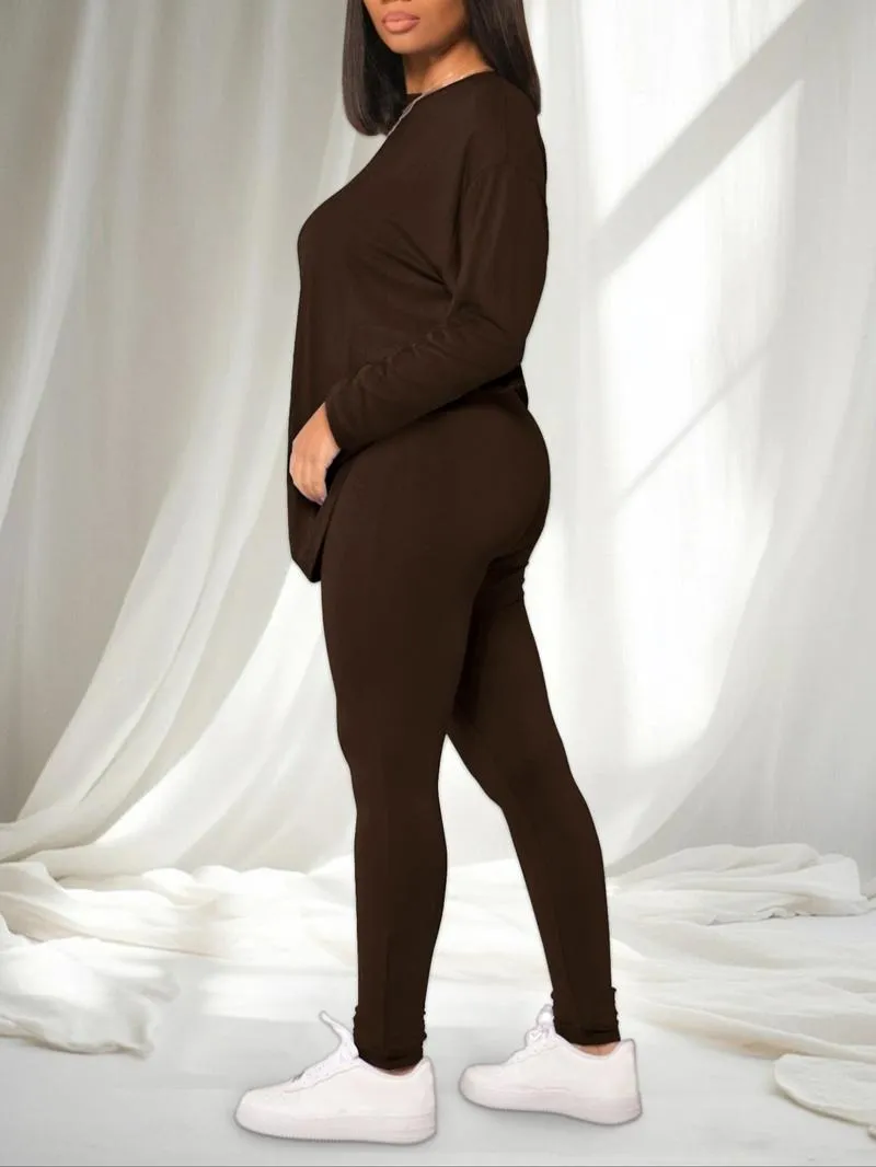 Women's Solid Drop Shoulder Tee & Elastic Waist Skinny Pants Two-piece Set