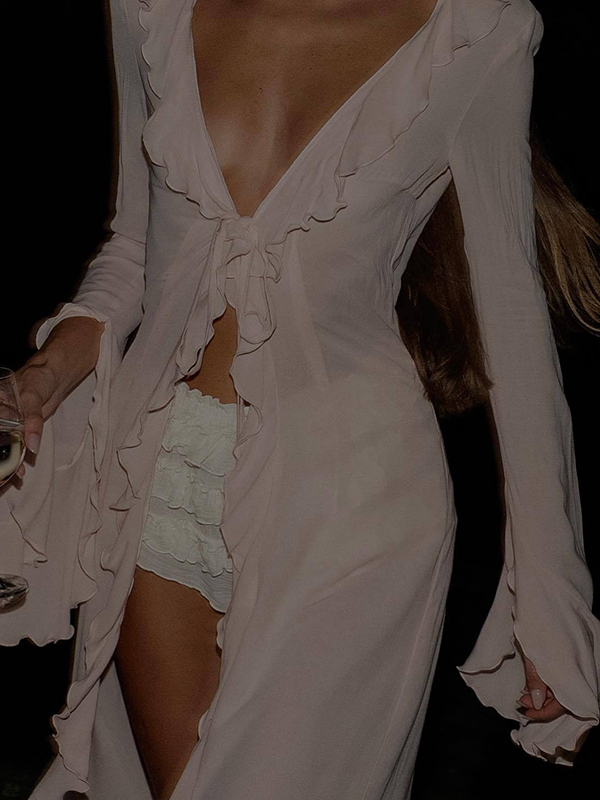 Solid Color Ruffled Long Sleeves Vacation Cover-Ups Maxi Dresses