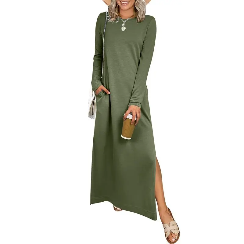 Women Long Sleeve Dresses 2026 Fall Casual Crewneck Loose Fit Split Flowy Wrinkle-Free Travel Vacation Maxi Dress