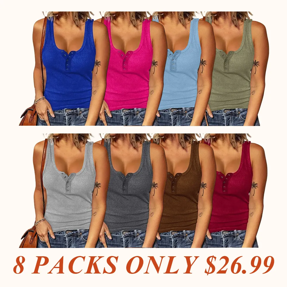 Women's Summer Vest Ribbed Tank Tops Crew Neck Button Down Sleeveless Tunic Blouse