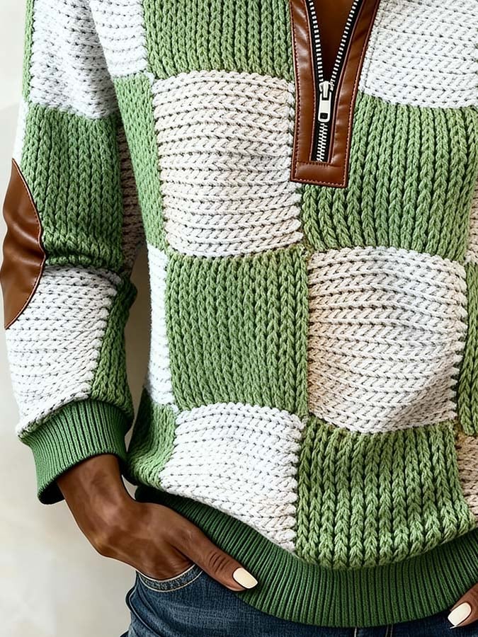 Women'S Casual Leather Patchwork Color-Block Sweater