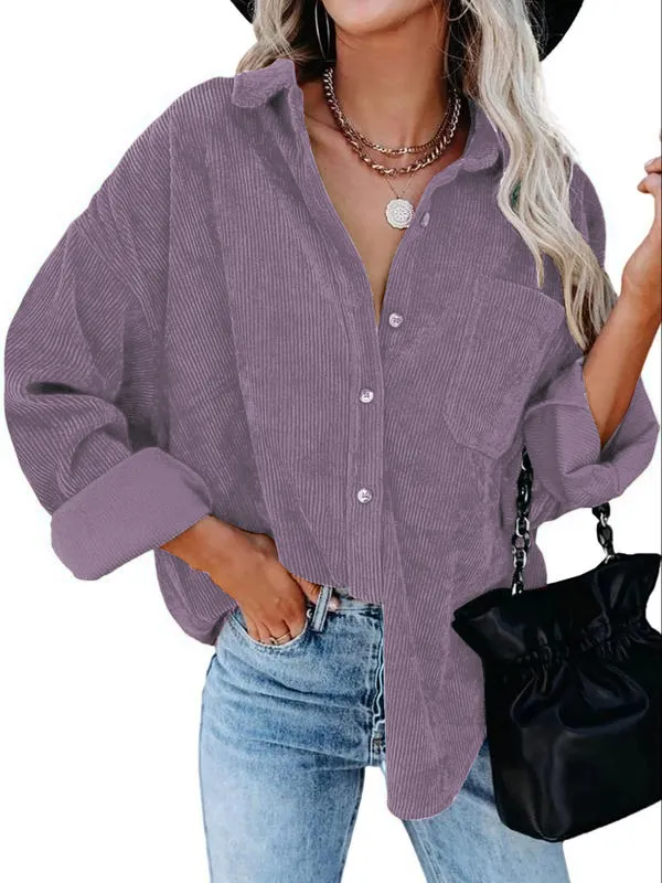 Women's Plain Pocket Button Front Corduroy Shirt