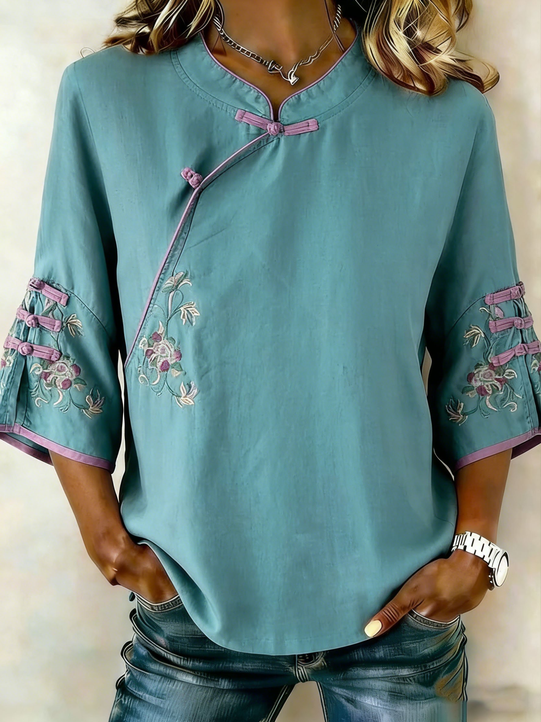 Women's Retro Floral Diagonal Placket Button Cotton Linen Three-Quarter Sleeve Shirt