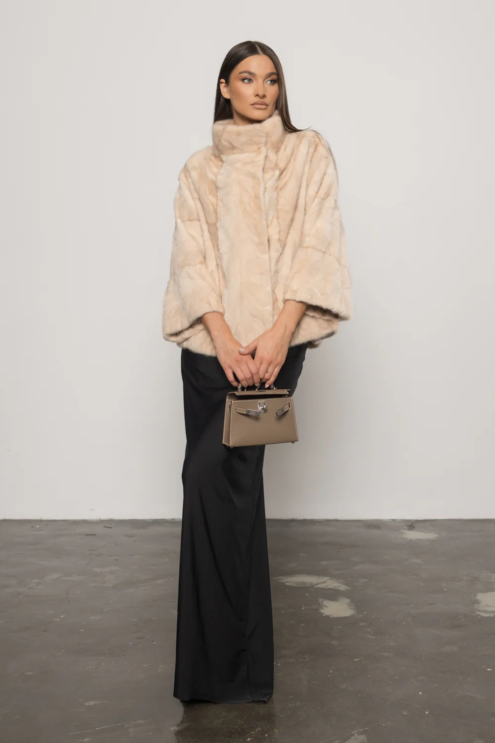 Haină din Blană Naturală de Vizon, Mâneci 3/4, Femei, Pearl 397