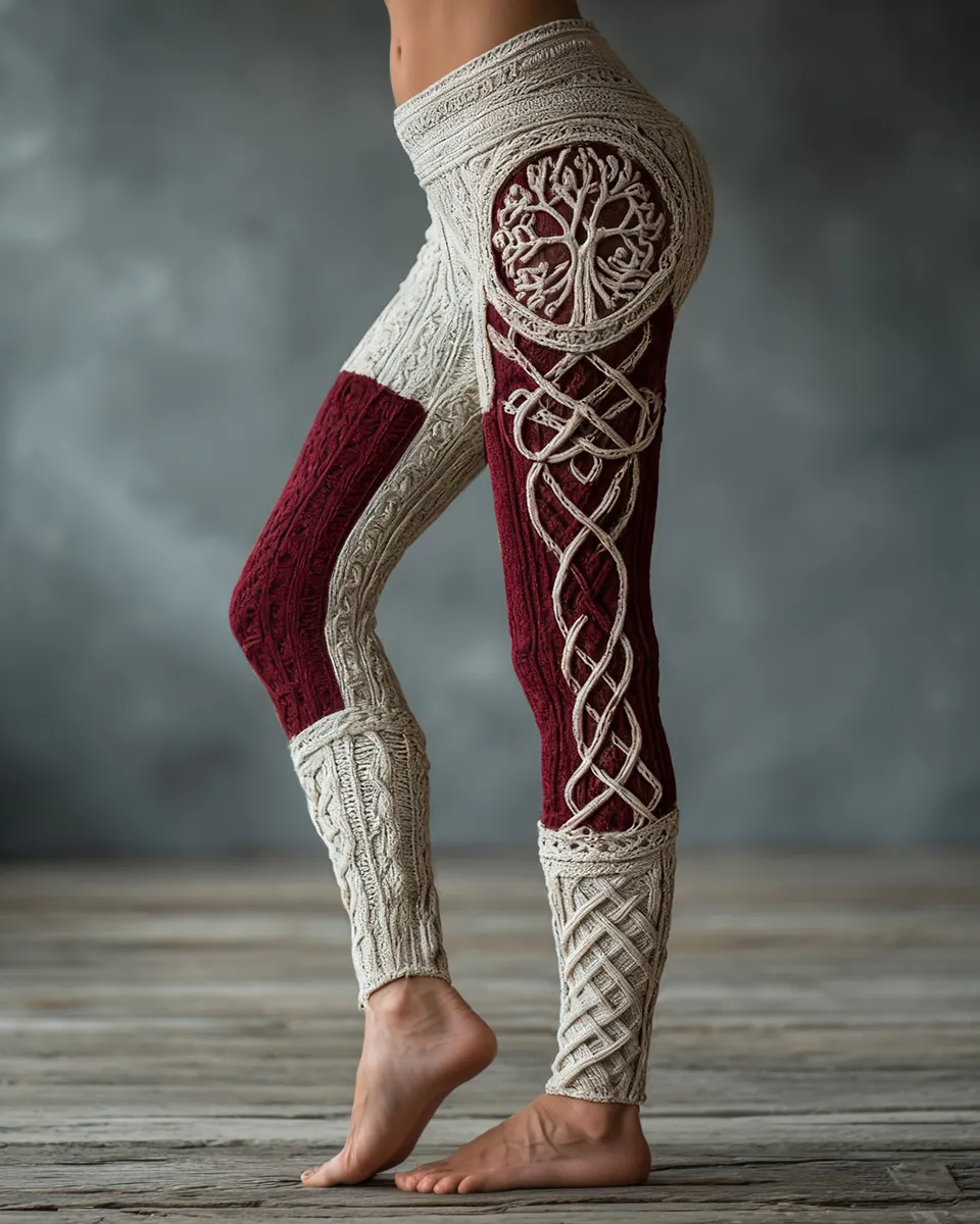 Vintage Viking Tree Of Life Celtic Knot Art Knit Jacquard Cozy Leggings