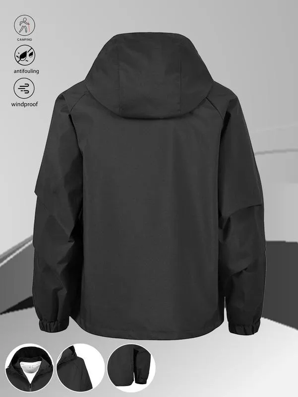 One black half-zip pullover with hoodie, outdoor camping style, large pockets, made of stain-resistant fabric