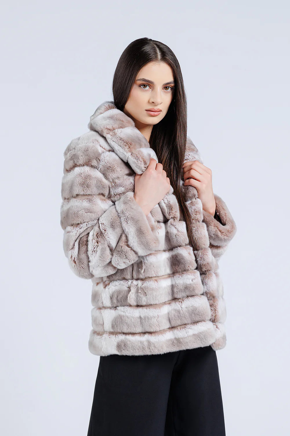 Haină din Blană Naturală de Rex Chinchilla, Guler Rever, Femei, Pearl 176