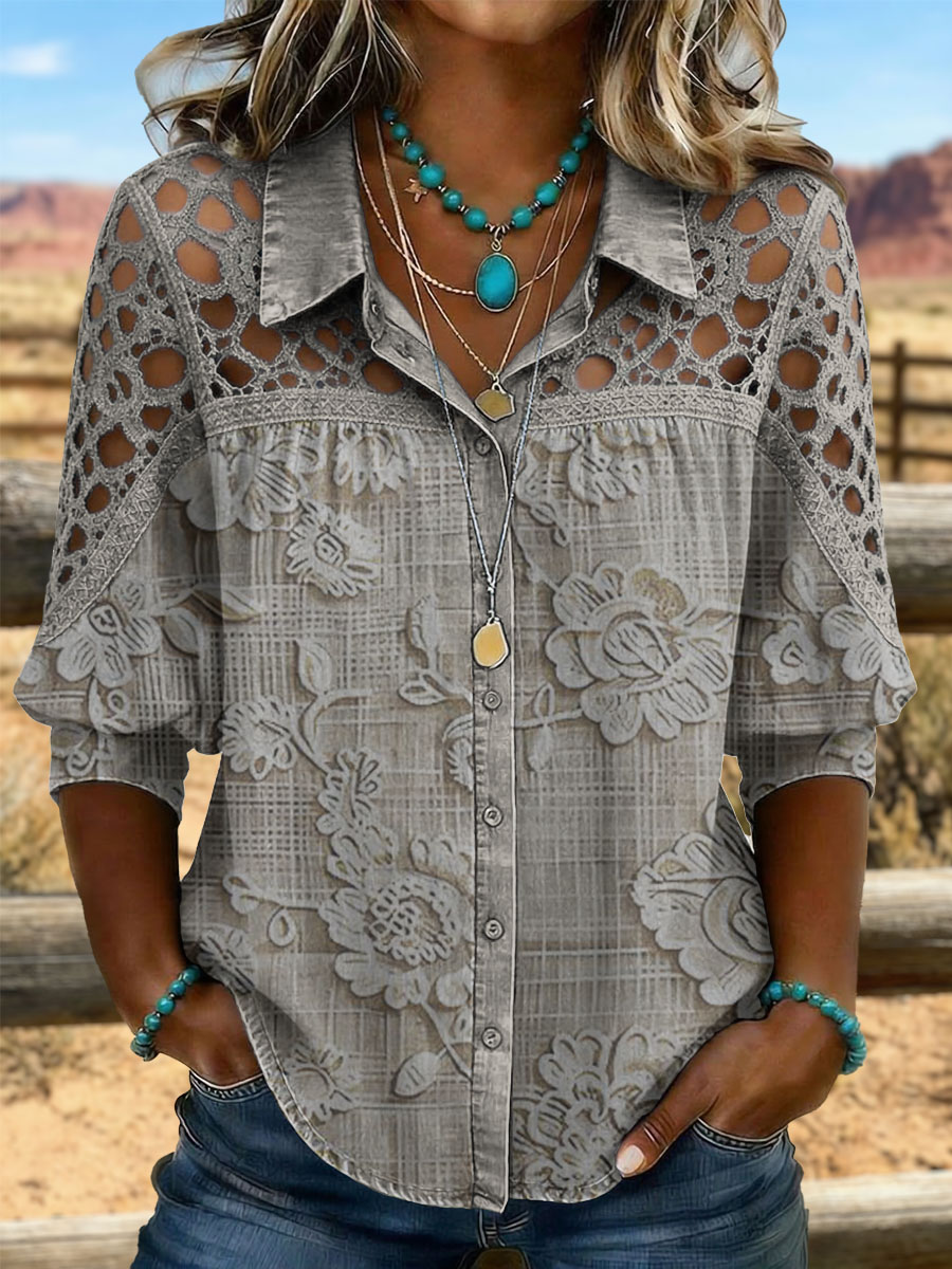 Vintage Art Hollowed Out Lace Patchwork Denim Shirt