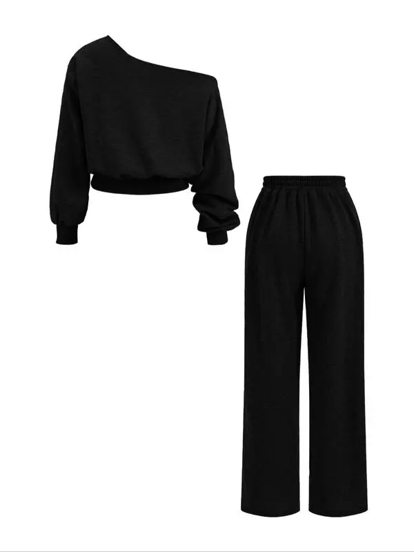 Women's Casual Drop Shoulder Top & Wide Leg Pants Set